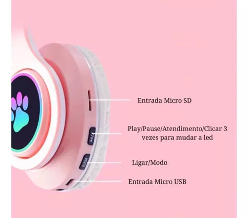 Fone De Gatinho Bluetooth Led Infantil + Smartwatch D20 Brinde